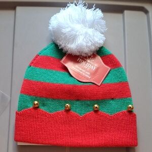 Holiday Time Red and Green Kids Hat with White Pom Pom & Bells (Hat006)